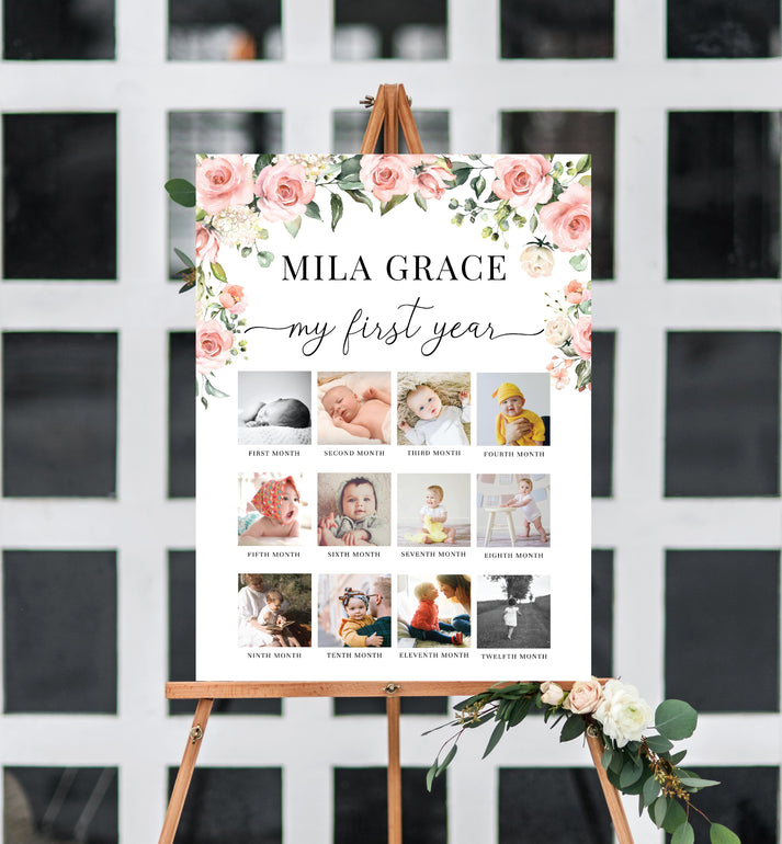 Darcy Floral Pink | Printable My First Year Photo Timeline Sign Templa ...