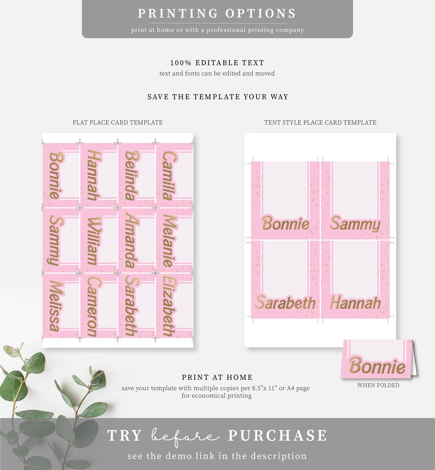 Barbie Party Pink Gold | Printable Place Cards Template - Black Bow Studio