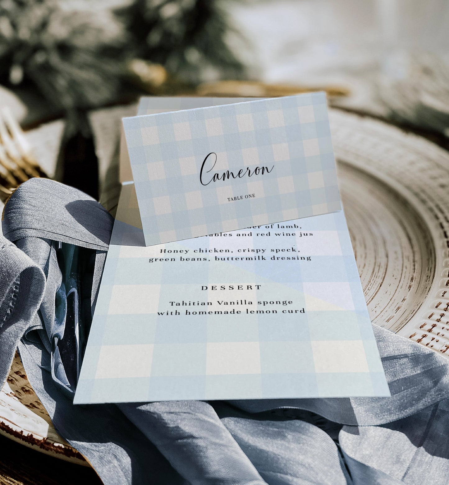 Gingham Blue | Printable Place Cards Template