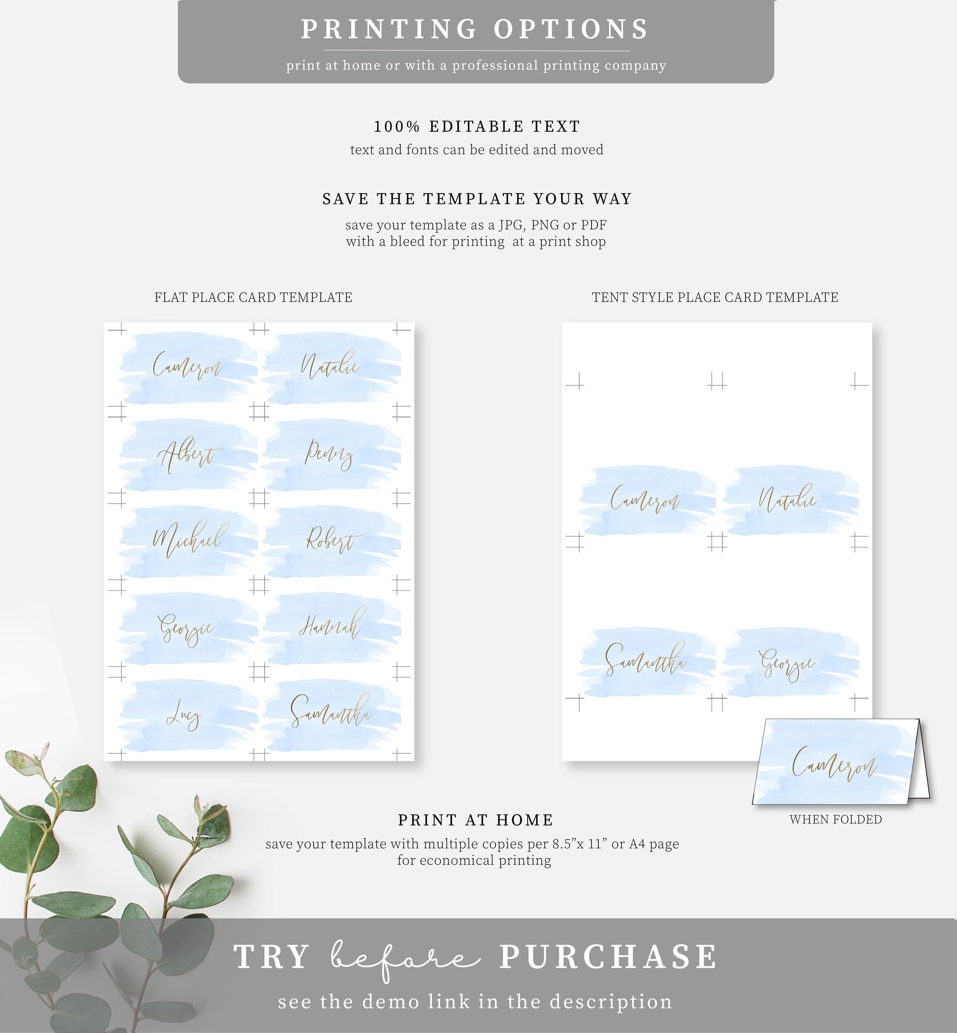 Watercolour Blue Gold | Printable Place Cards - Black Bow Studio