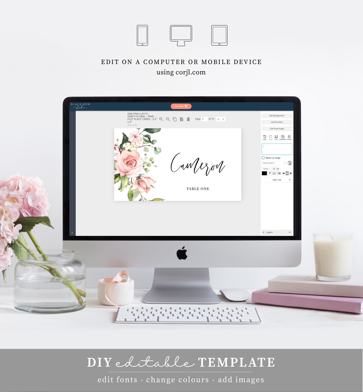 Darcy Floral Pink | Printable Place Cards Template - Black Bow Studio