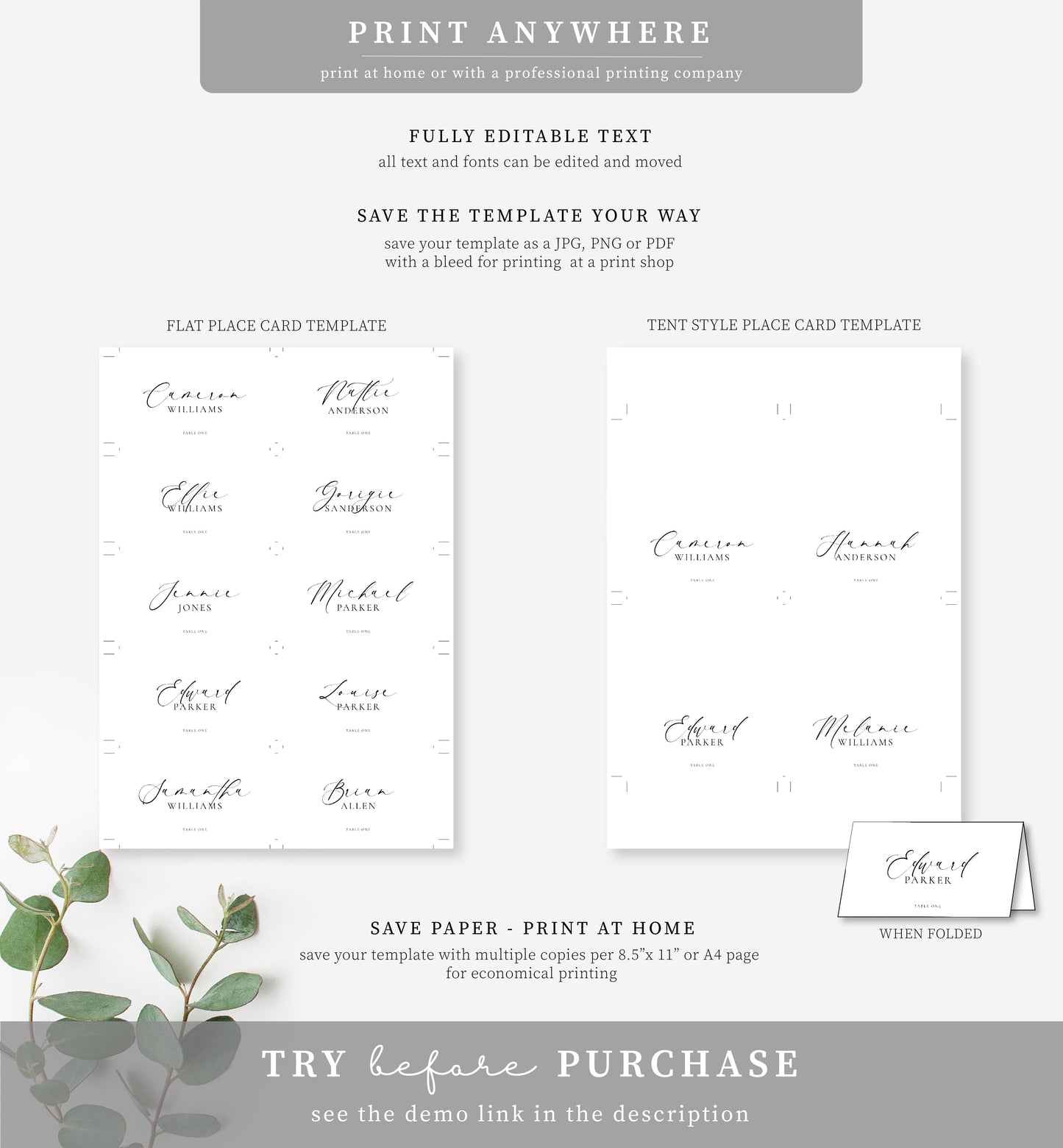 Ellesmere White | Printable Place Cards Template