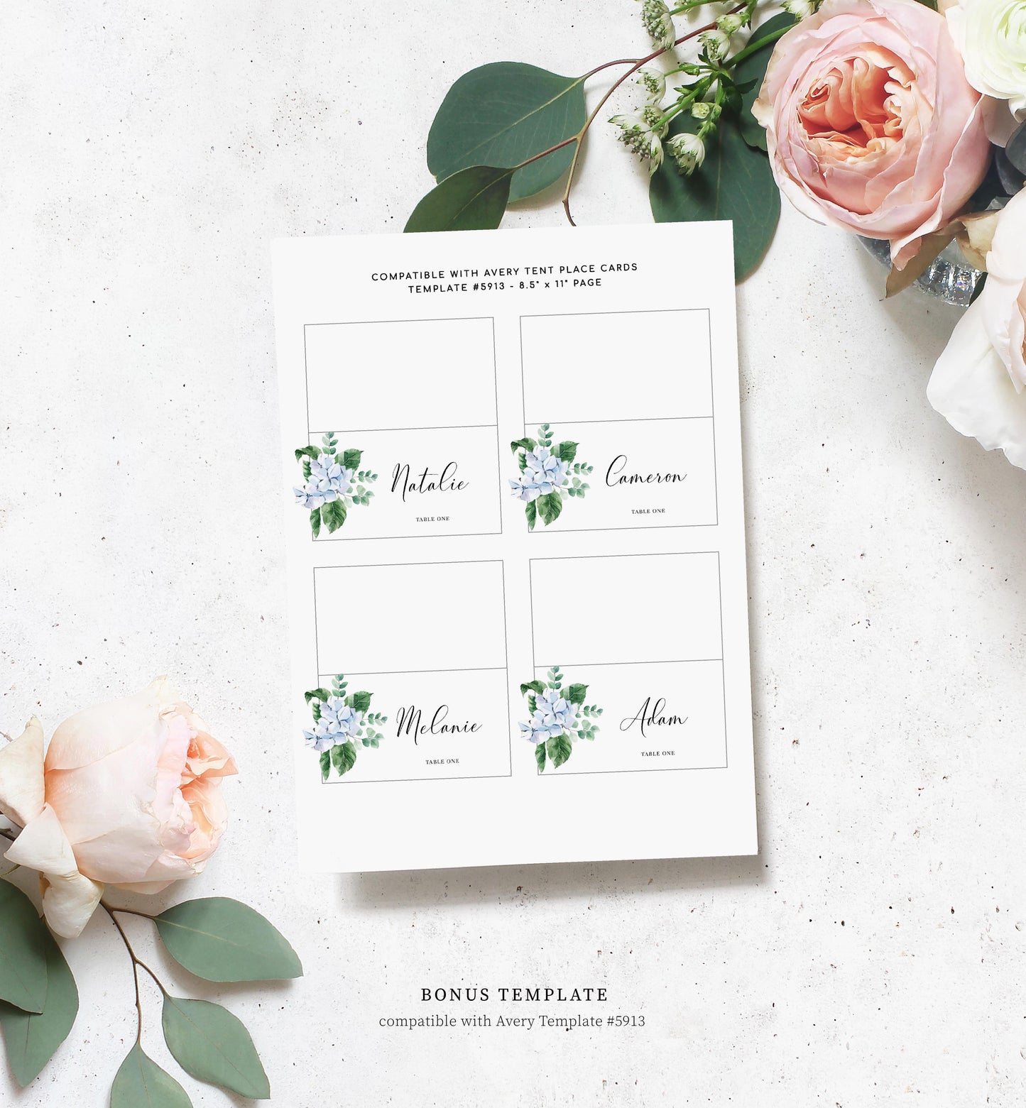 Ferras Blossom Blue | Printable Place Cards - Black Bow Studio