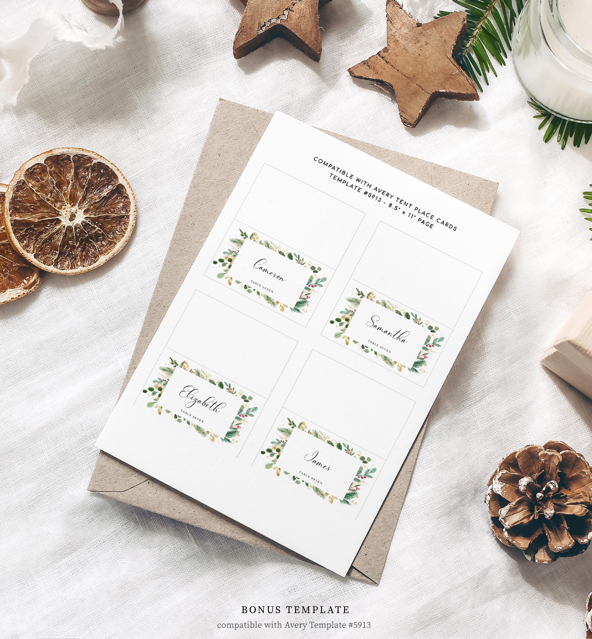 Merriment Christmas | Printable Christmas Place Cards - Black Bow Studio