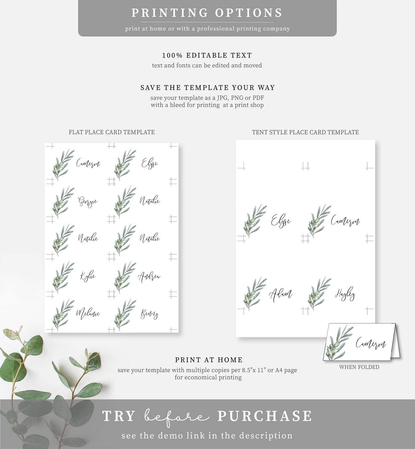 Olive Grove Green | Printable Place Cards