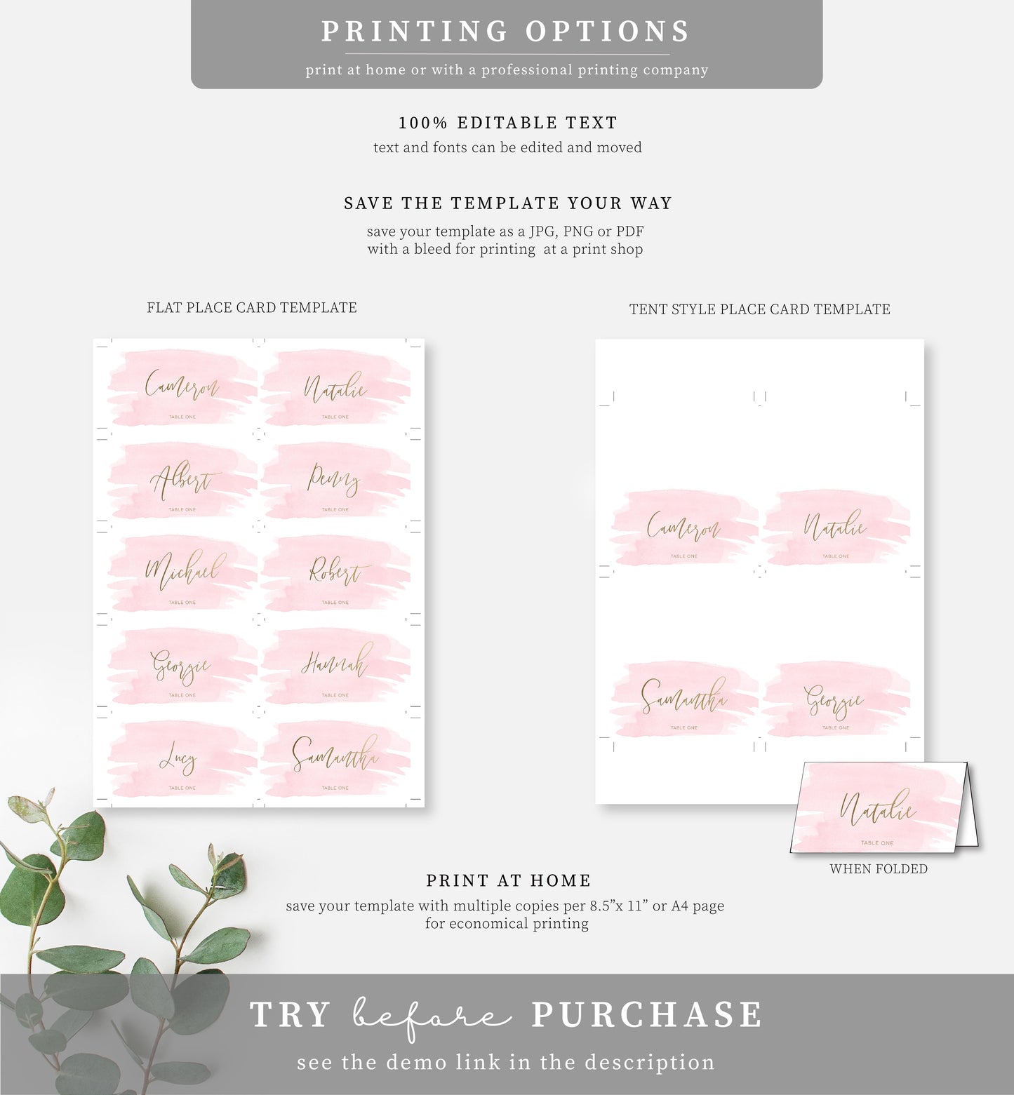 Watercolour Pink Gold | Printable Place Cards - Black Bow Studio