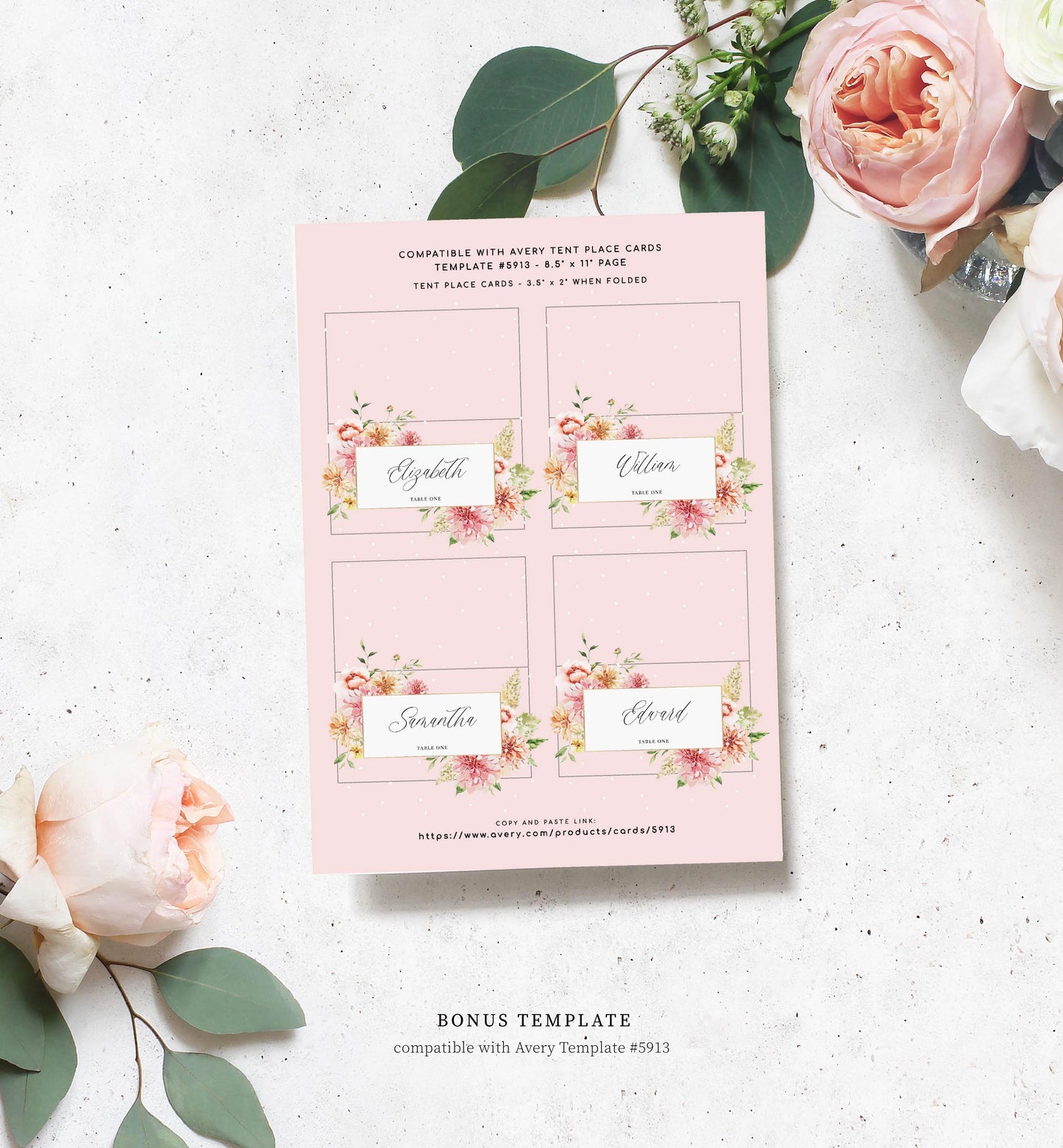 Quinn Floral Pink | Printable Place Cards