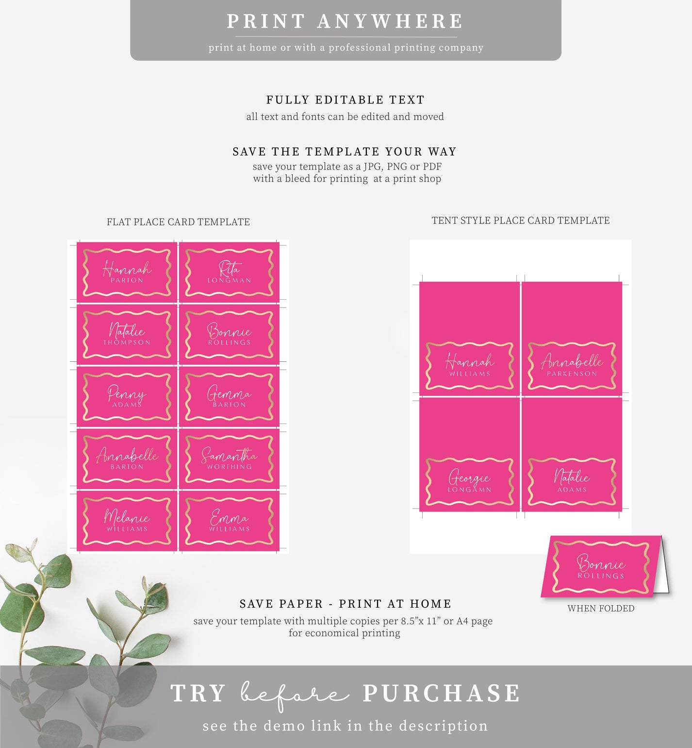 Wave Hot Pink Gold | Printable Place Cards Template – Black Bow Studio