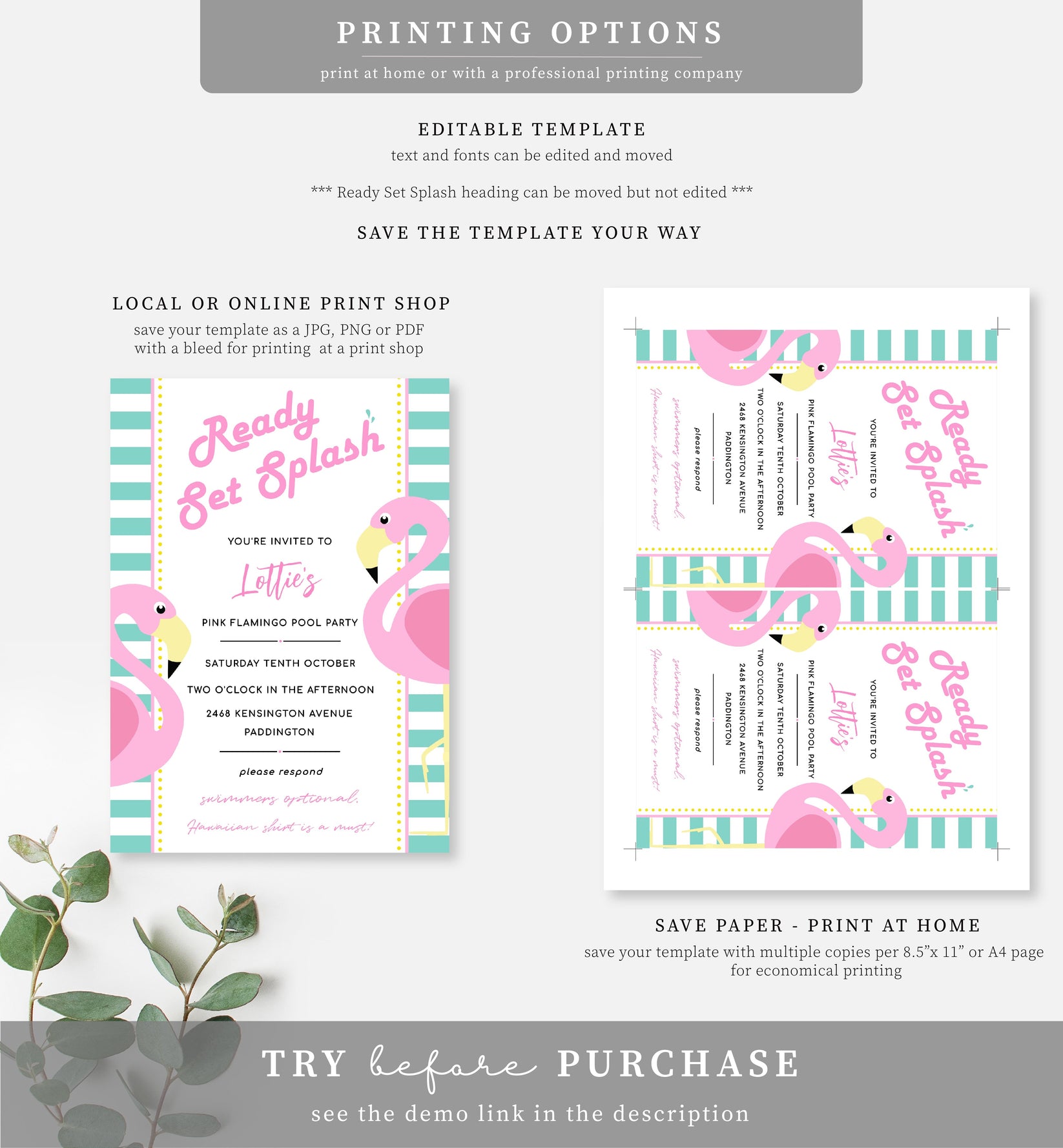 Editable Tropical Flamingo Printable Birthday Invitation – Black Bow Studio