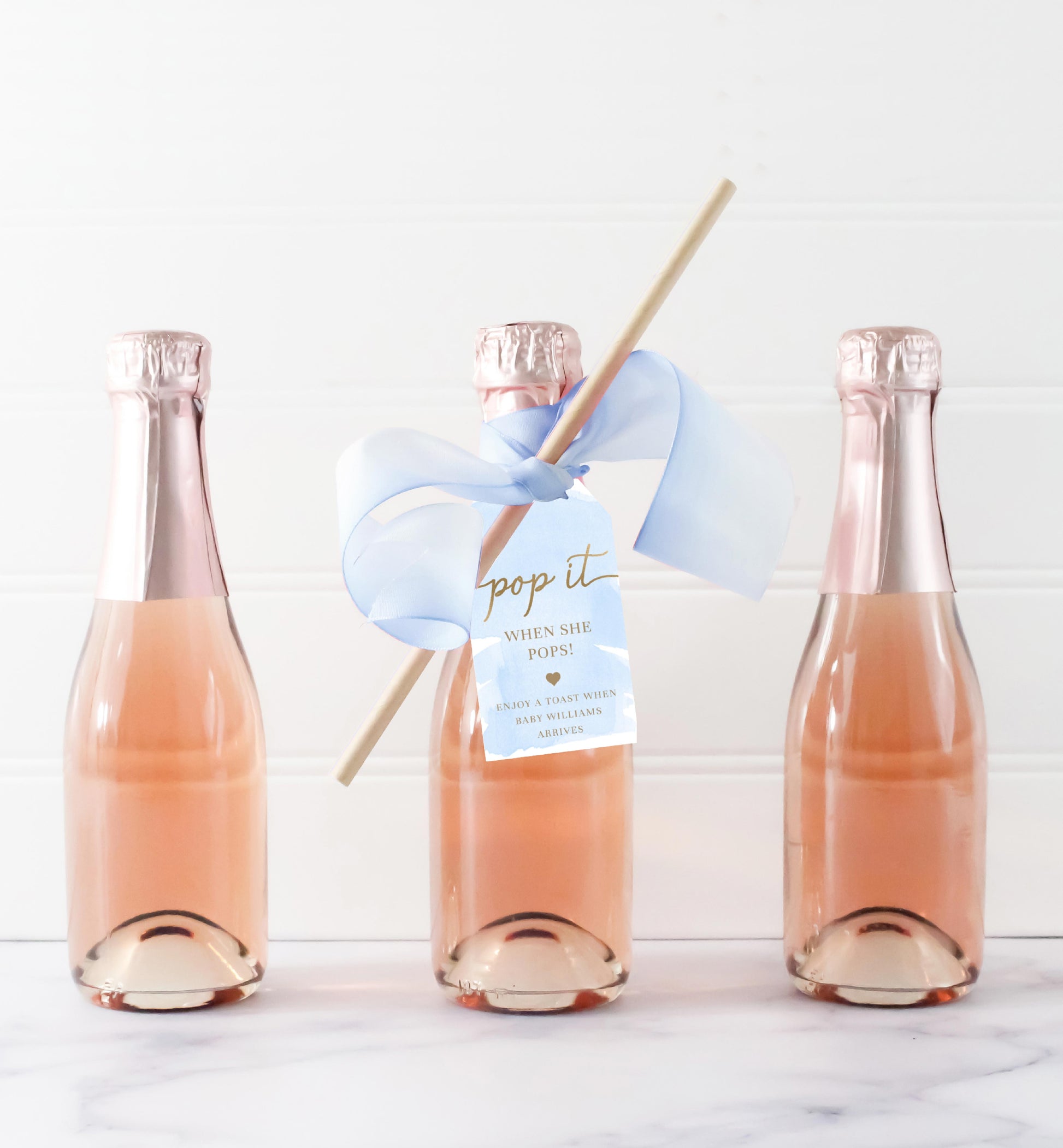 Pop It When She Pops Champagne Favor Tag and Label, Printable Blue Boy Baby Shower Pop It Favor Tag, Blue Watercolor Mini Wine Bottle Label