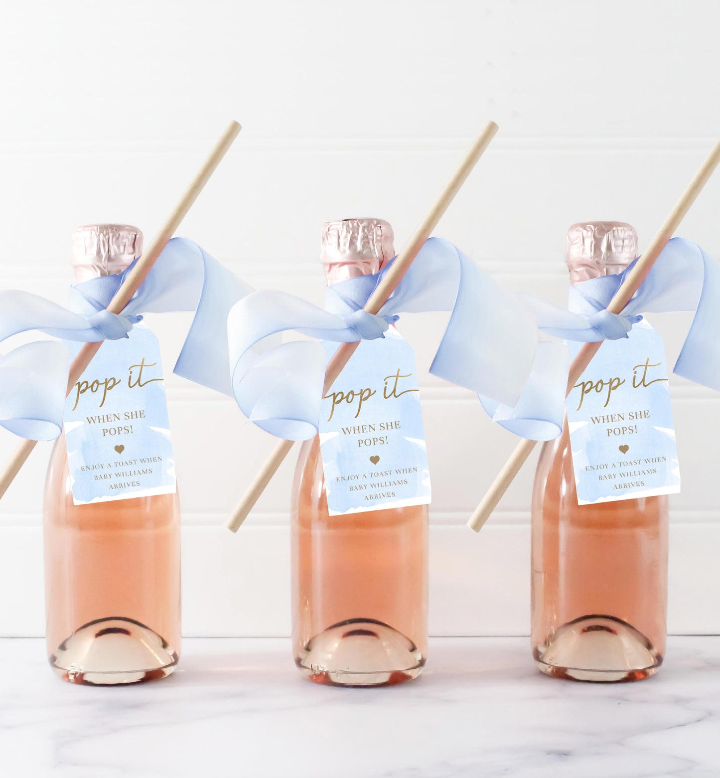 Pop It When She Pops Champagne Favor Tag and Label, Printable Blue Boy Baby Shower Pop It Favor Tag, Blue Watercolor Mini Wine Bottle Label