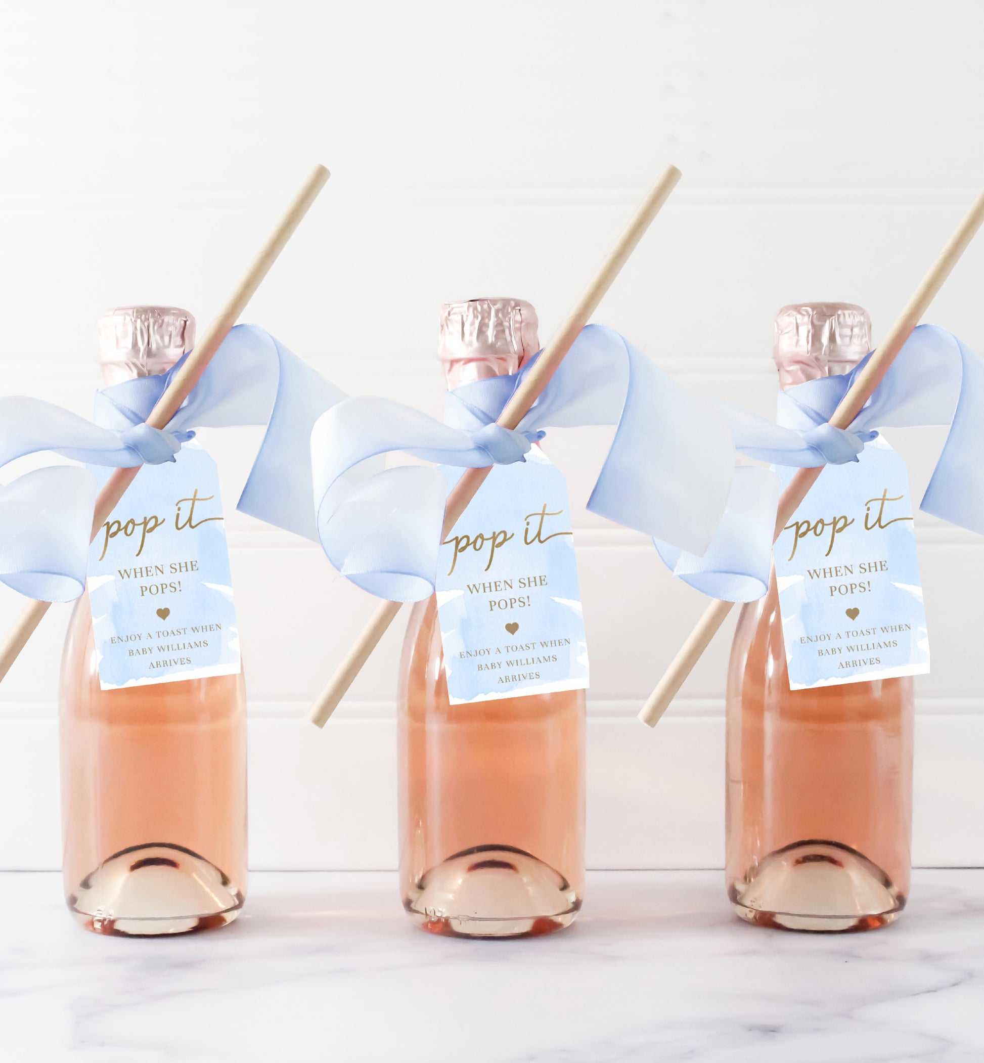 Pop It When She Pops Champagne Favor Tag and Label, Printable Blue Boy Baby Shower Pop It Favor Tag, Blue Watercolor Mini Wine Bottle Label