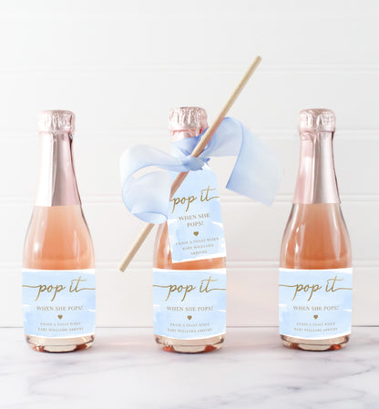 Pop It When She Pops Champagne Favor Tag and Label, Printable Blue Boy Baby Shower Pop It Favor Tag, Blue Watercolor Mini Wine Bottle Label