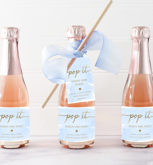 Pop It When She Pops Champagne Favor Tag and Label, Printable Blue Boy Baby Shower Pop It Favor Tag, Blue Watercolor Mini Wine Bottle Label