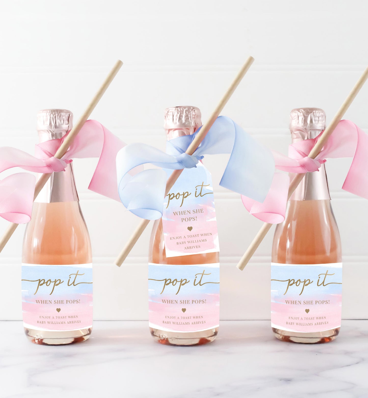 Pop It When She Pops Favor Tag and Label, Gender Reveal Baby Shower Champagne Pop It Favor Tag, Pink Blue Watercolor Mini Wine Bottle Label