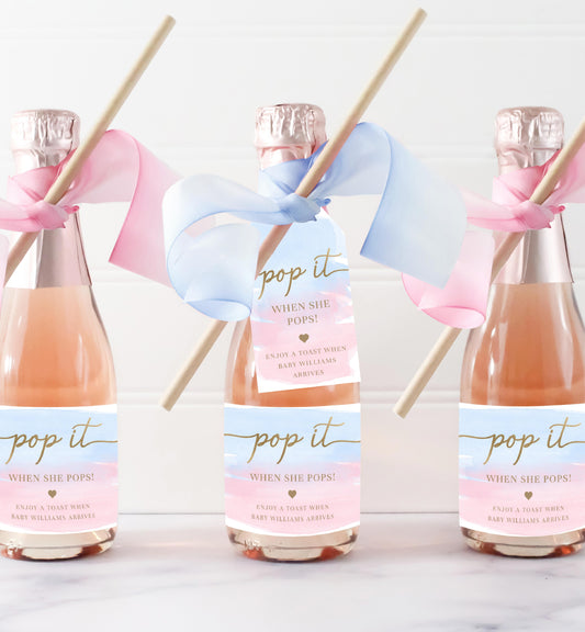 Pop It When She Pops Favor Tag and Label, Gender Reveal Baby Shower Champagne Pop It Favor Tag, Pink Blue Watercolor Mini Wine Bottle Label