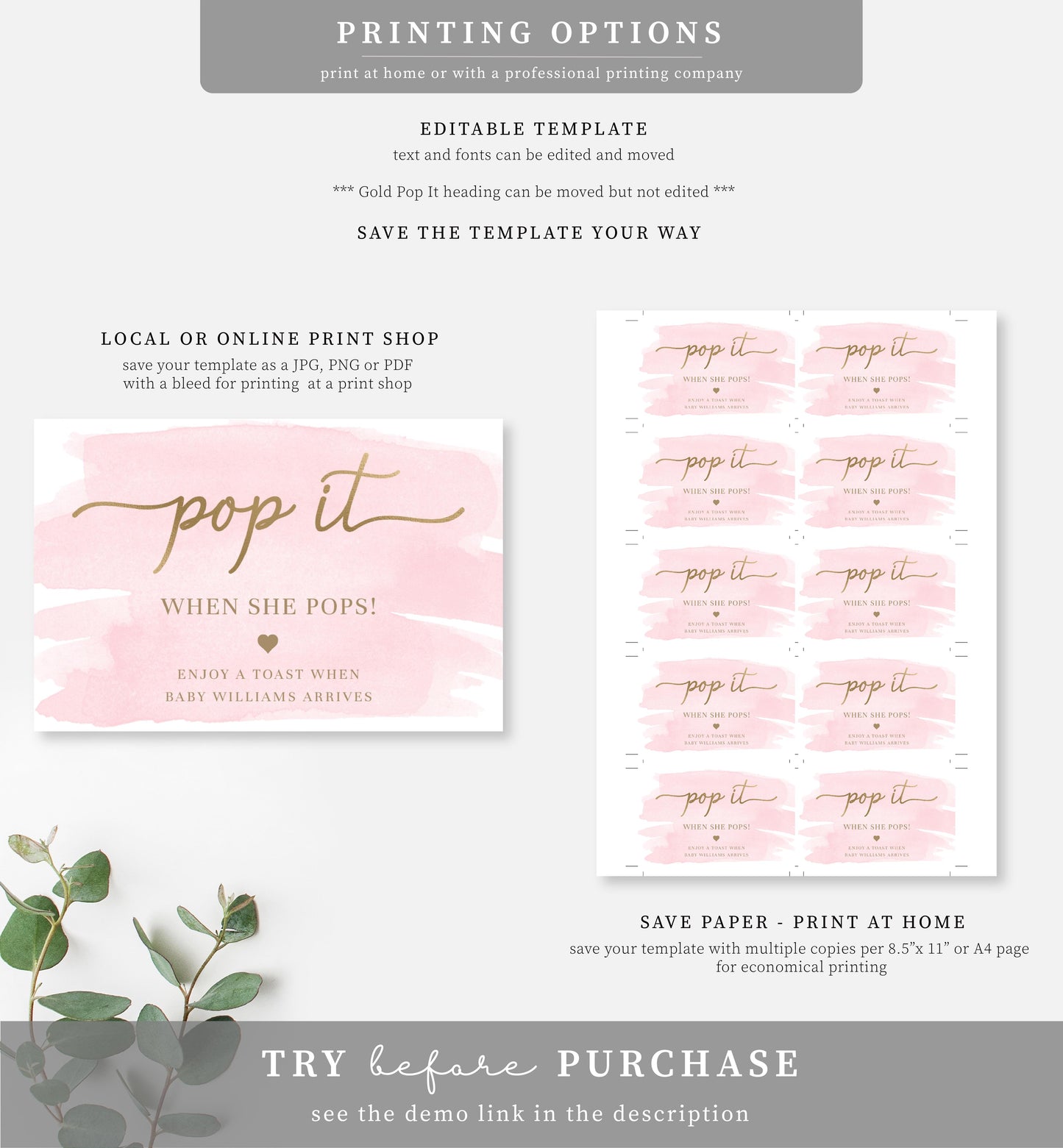 Watercolour Pink | Printable Pop It Favour Tags Template