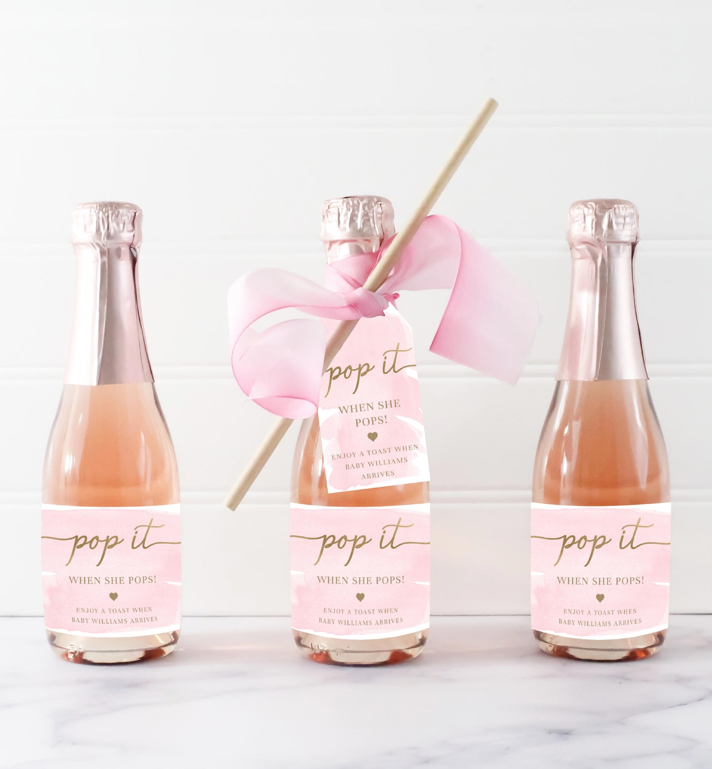 Pop It When She Pops Favor Tag Template, Baby Shower Champagne Pop It Favor Tag Printable, Pink Watercolor Mini Champagne Wine Bottle Favor Tag