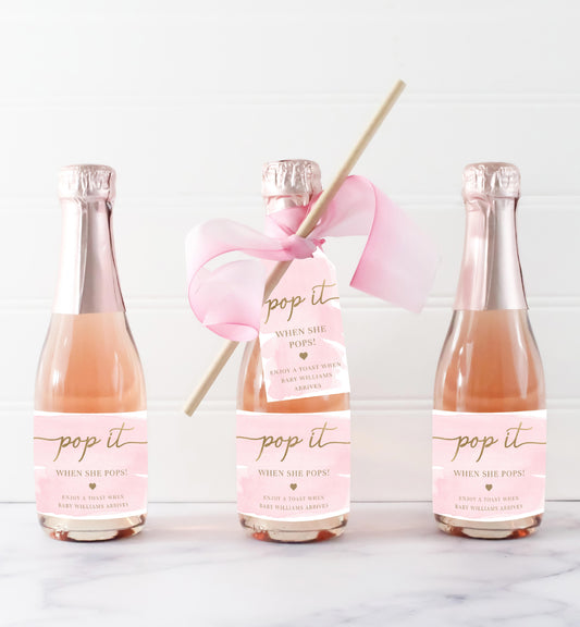 Pop It When She Pops Favor Tag Template, Baby Shower Champagne Pop It Favor Tag Printable, Pink Watercolor Mini Champagne Wine Bottle Favor Tag