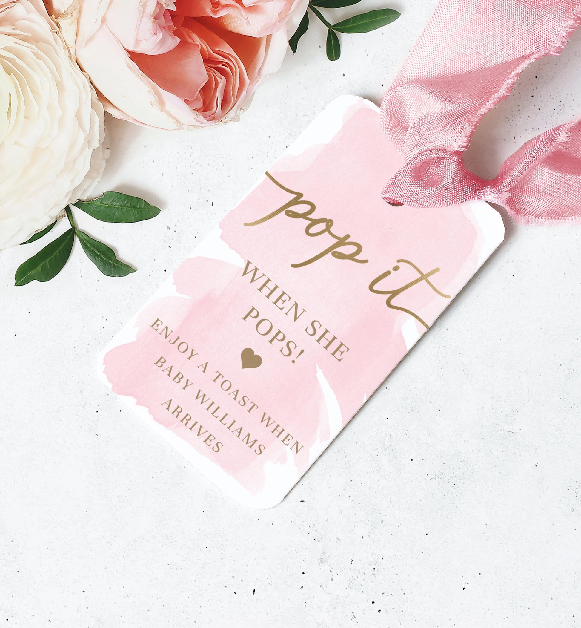 Pop It When She Pops Favor Tag Template, Baby Shower Champagne Pop It Favor Tag Printable, Pink Watercolor Mini Champagne Wine Bottle Favor Tag