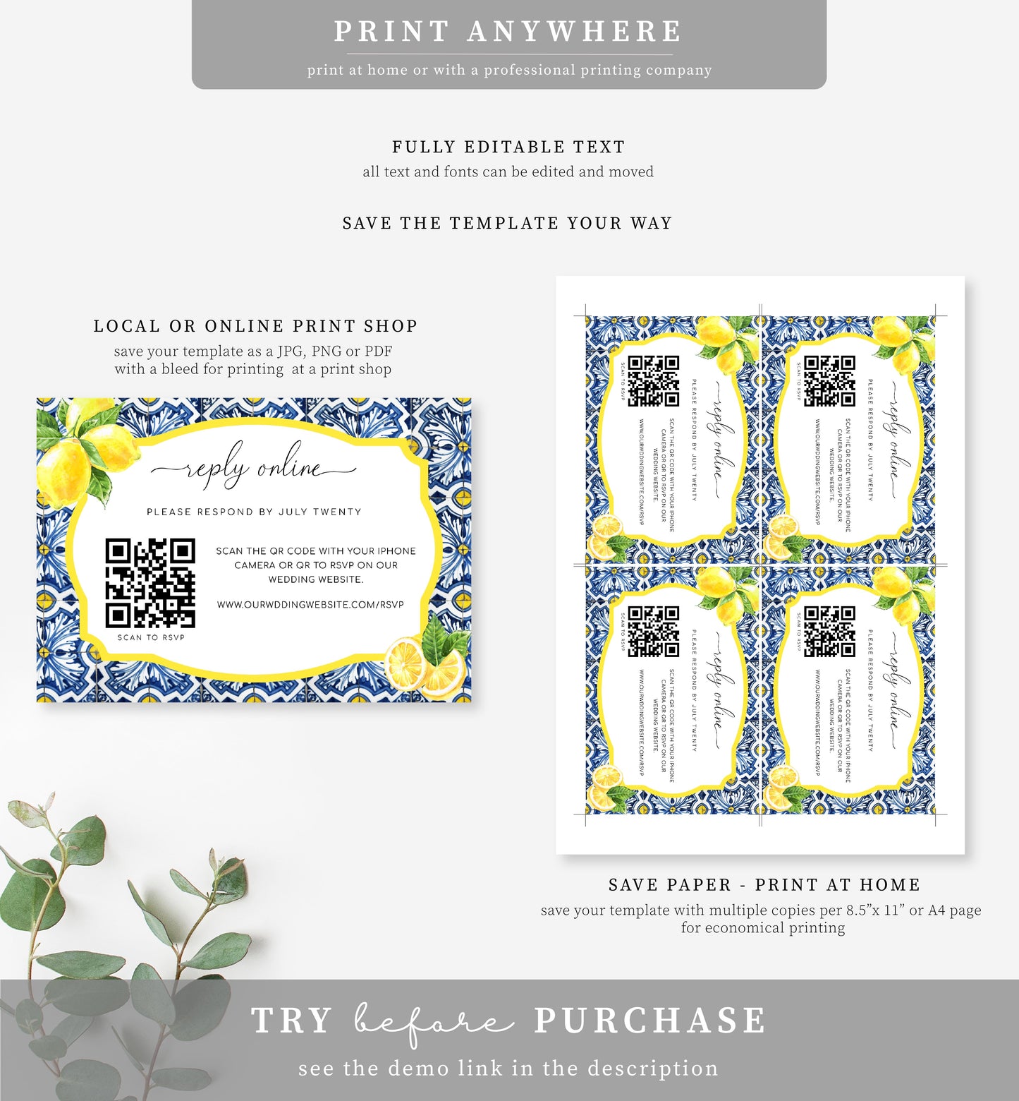 Positano Lemons | Printable QR Code RSVP Card Template