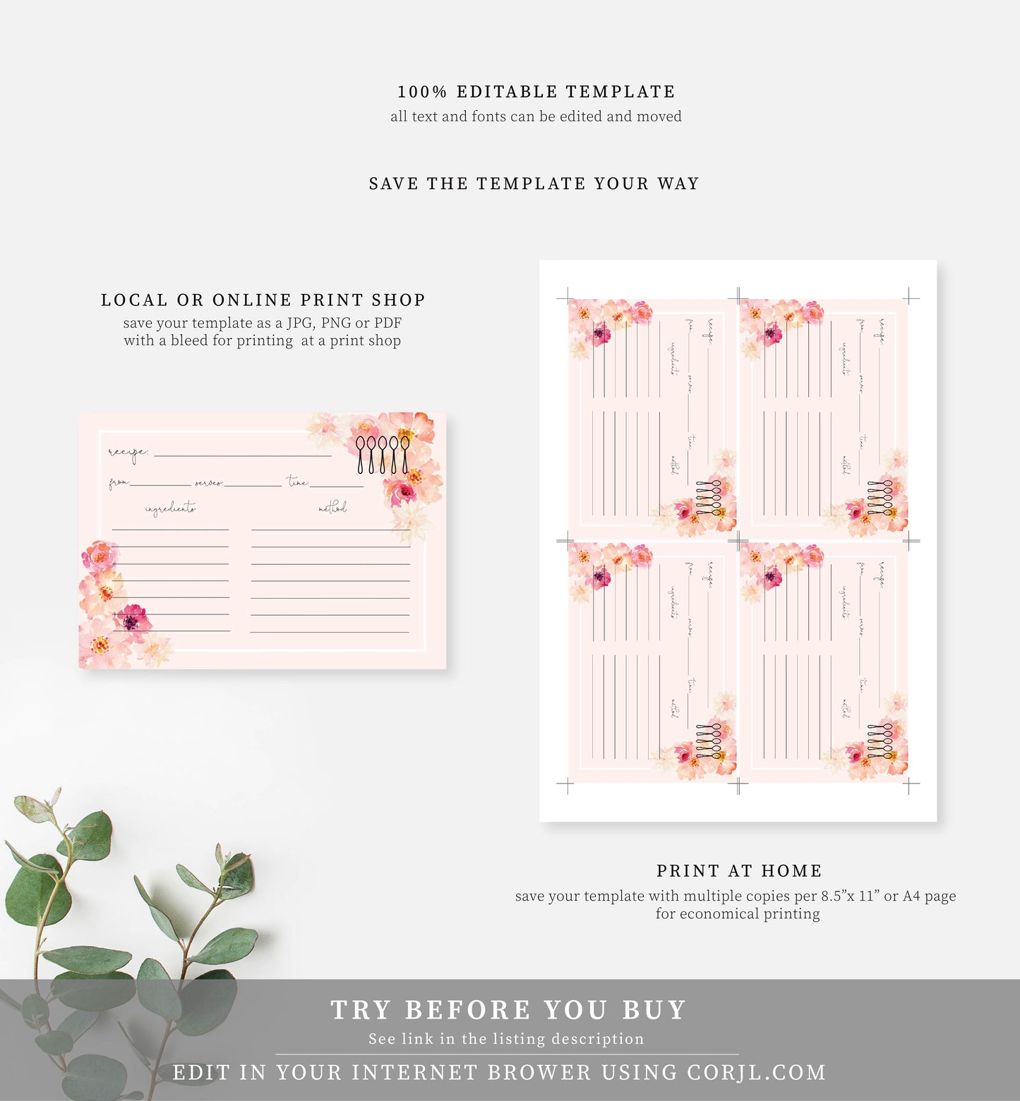 Abbieville Floral Pink | Printable Recipe Card Template - Black Bow Studio