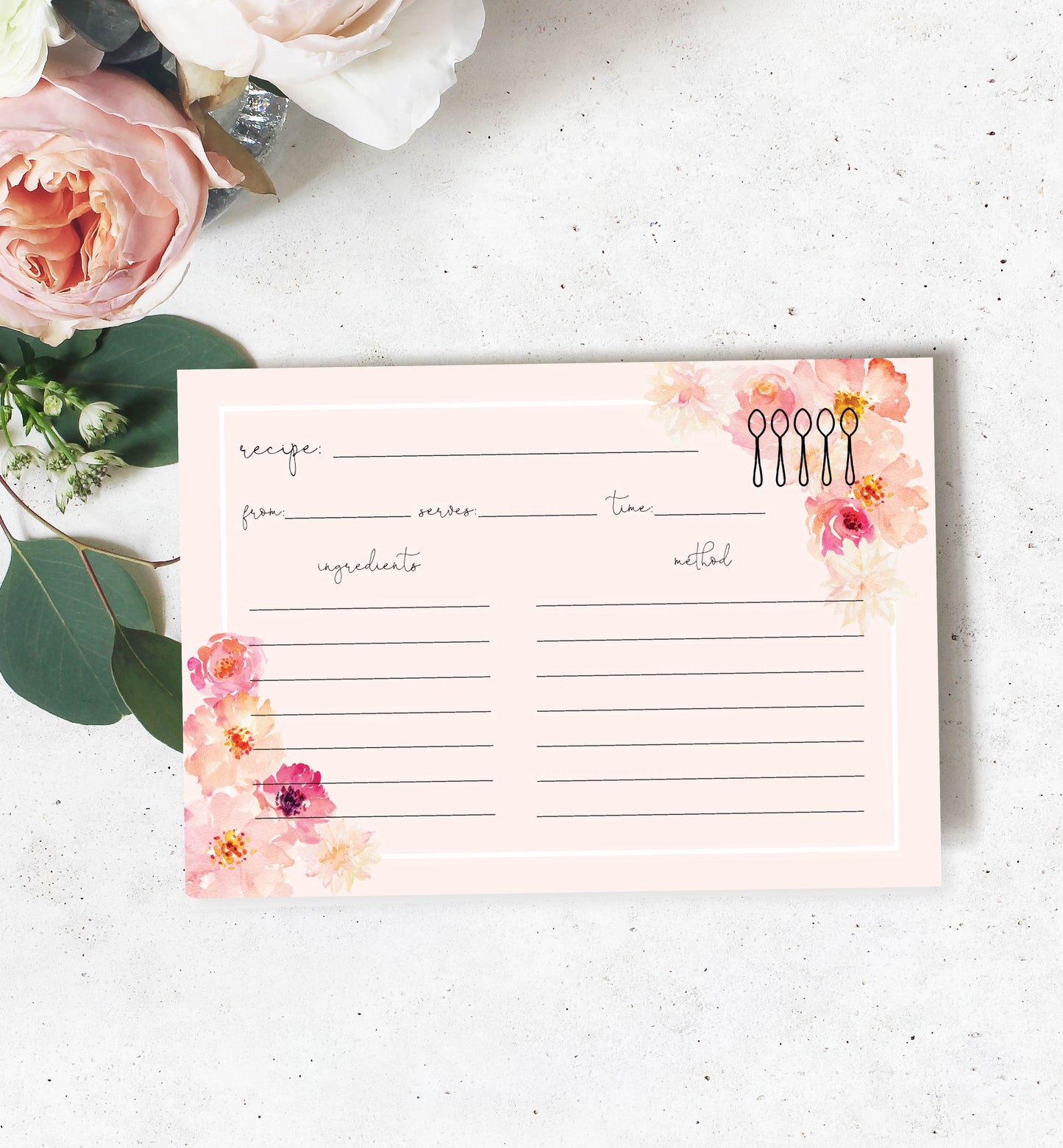 Abbieville Floral Pink | Printable Recipe Card Template - Black Bow Studio