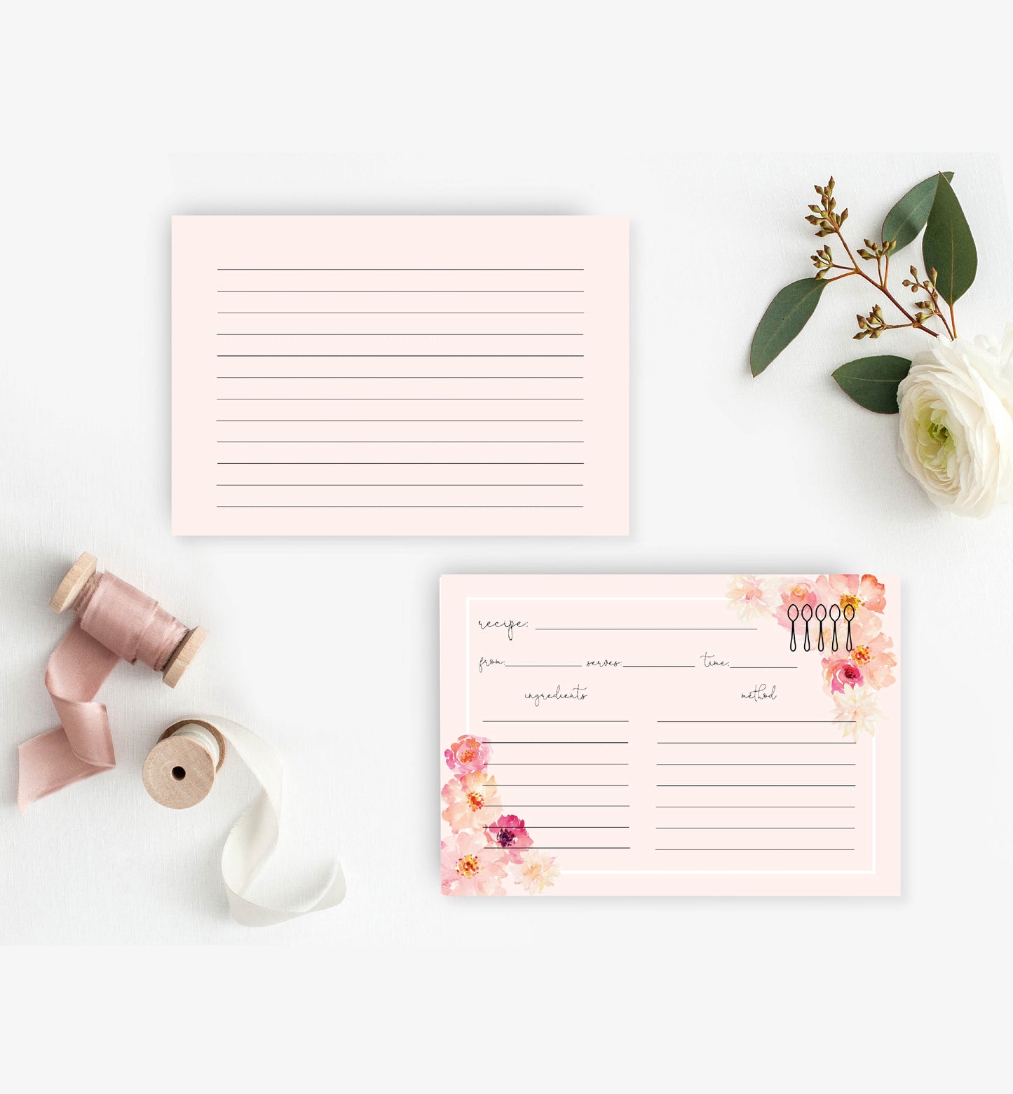 Abbieville Floral Pink | Printable Recipe Card Template - Black Bow Studio