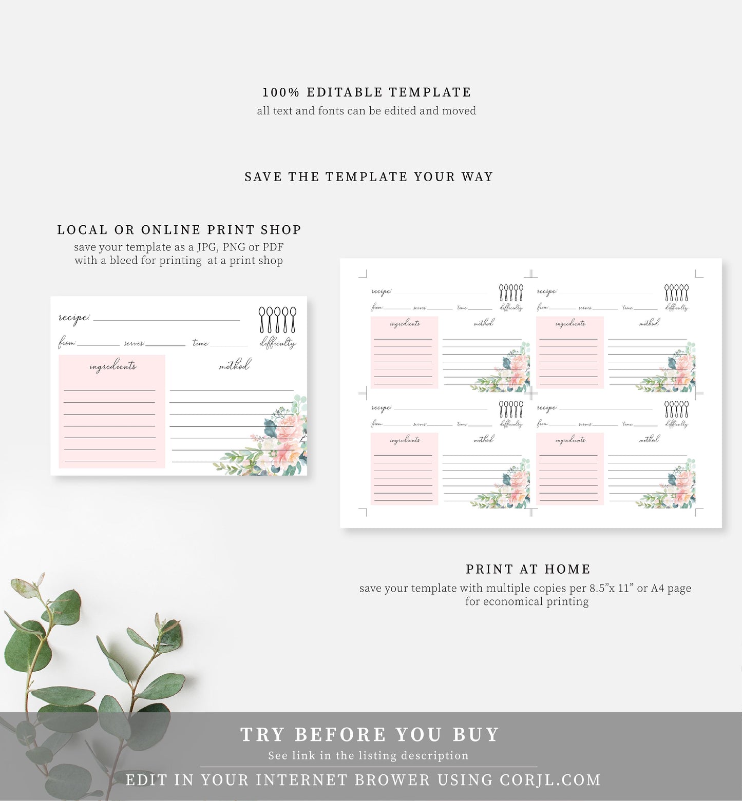 Afternoon Blooms | Printable Recipe Card Template - Black Bow Studio