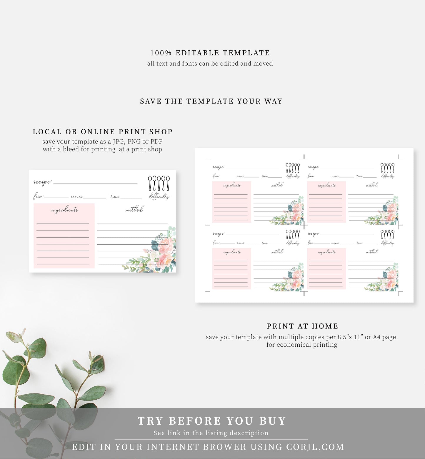 Afternoon Blooms | Printable Recipe Card Template - Black Bow Studio