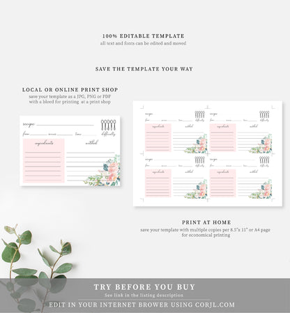 Afternoon Blooms | Printable Recipe Card Template - Black Bow Studio