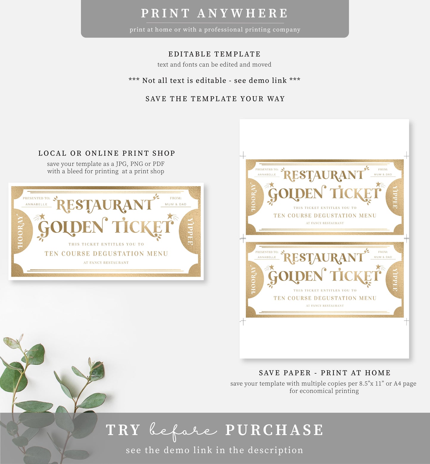 Golden Ticket Gold | Printable Restaurant Custom Gift Voucher Template