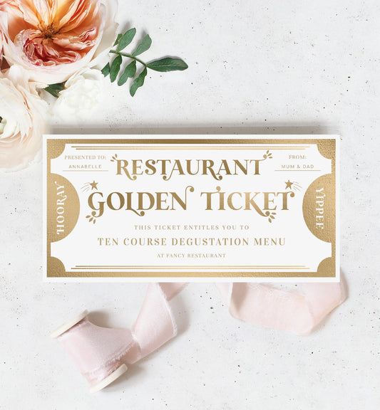 Golden Ticket Gold | Printable Restaurant Custom Gift Voucher Template