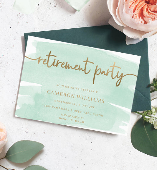 Watercolour Green Gold | Printable Retirement Party Invitation Template
