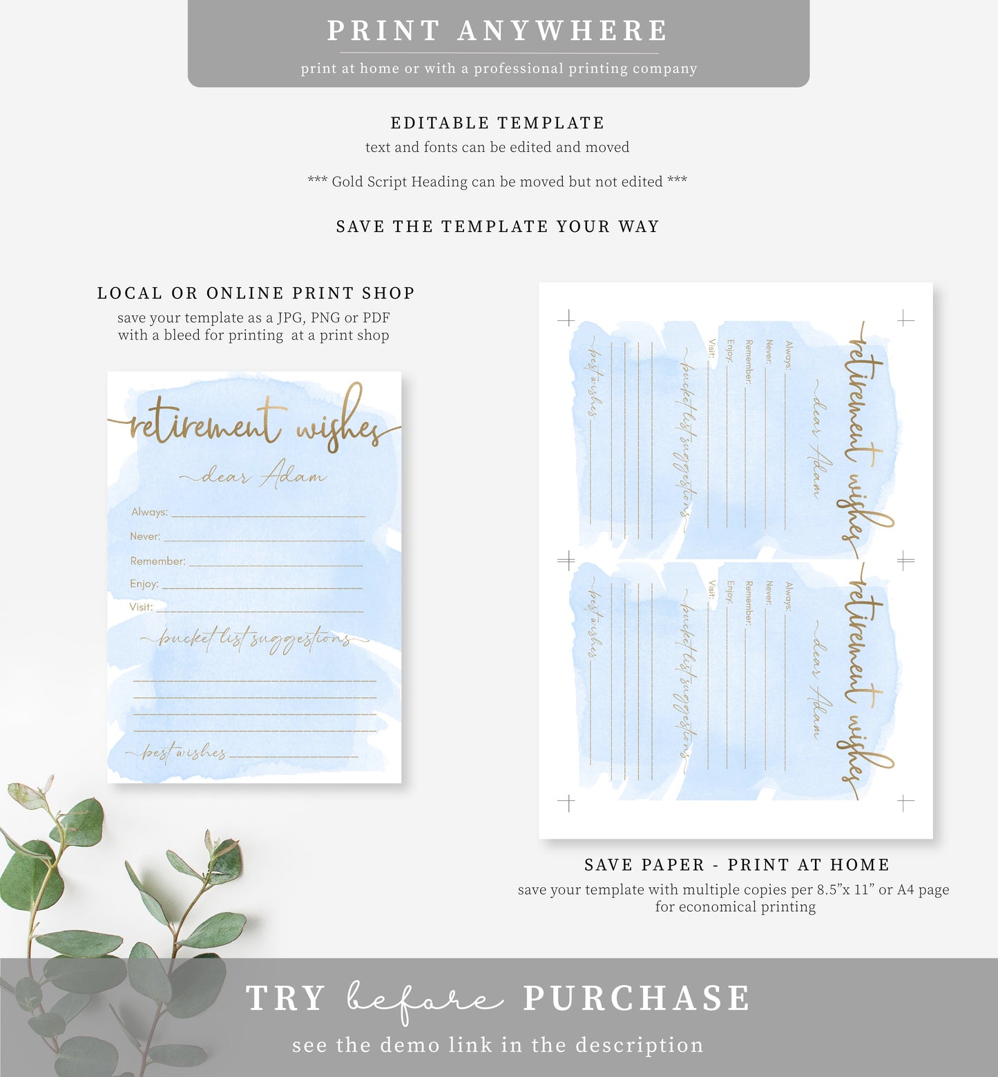 Watercolour Blue Gold | Printable Retirement Wishes Card Template