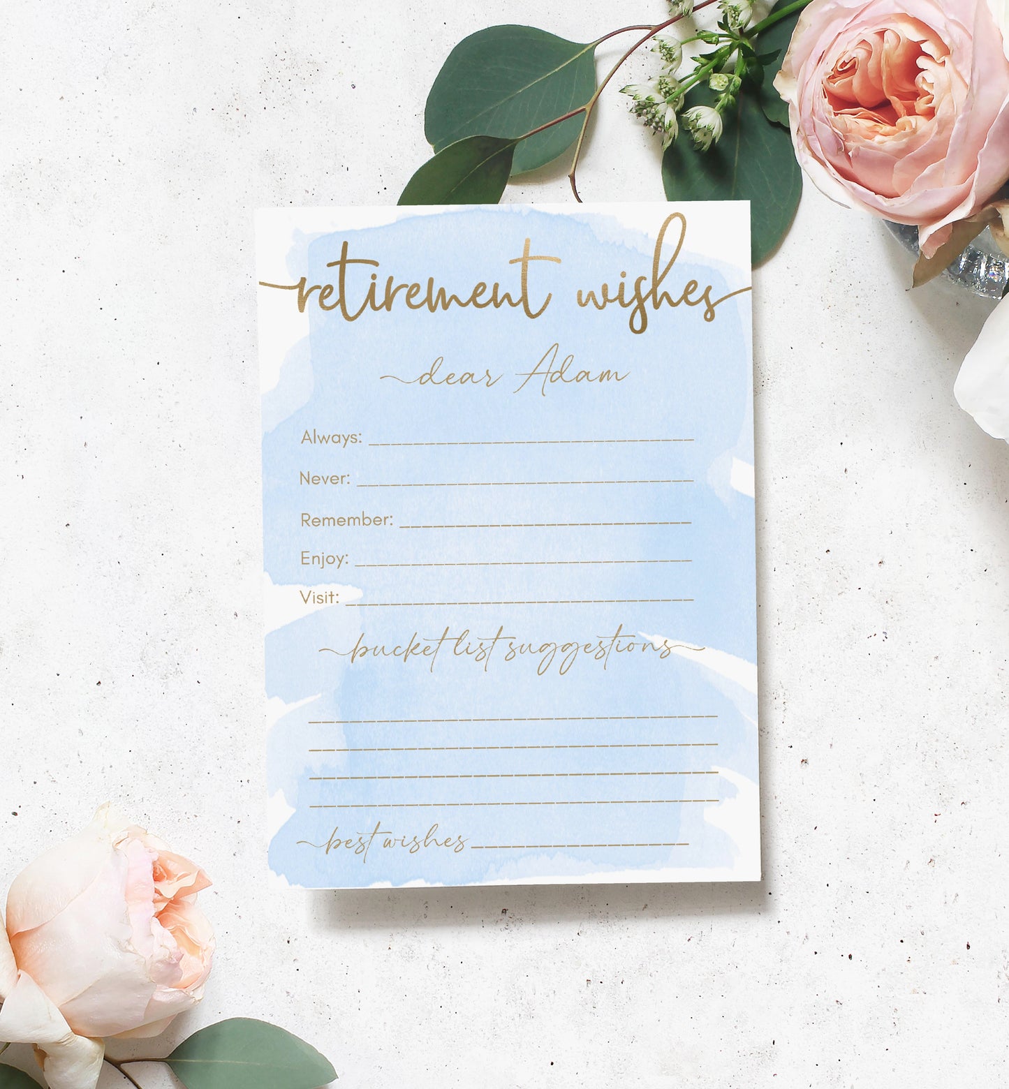 Watercolour Blue Gold | Printable Retirement Wishes Card Template