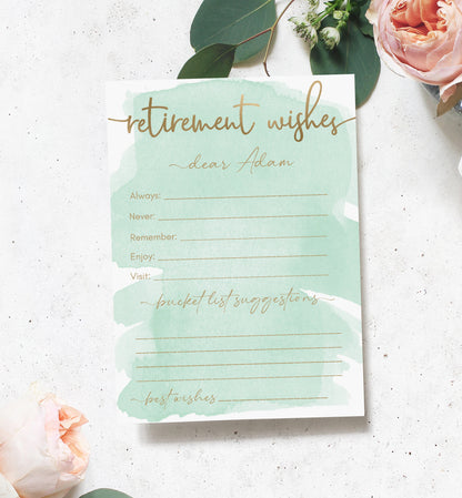 Watercolour Green Gold | Printable Retirement Wishes Card Template