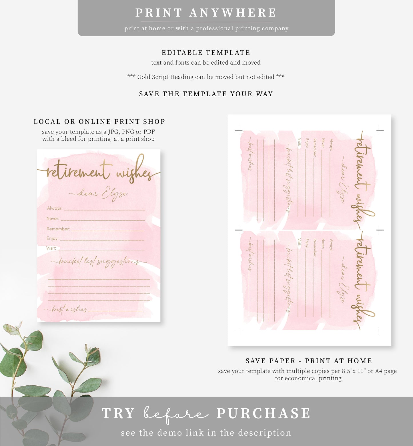 Watercolour Pink Gold | Printable Retirement Wishes Card Template