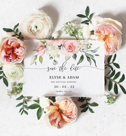 Darcy Floral Pink | Printable Save The Date Template - Black Bow Studio