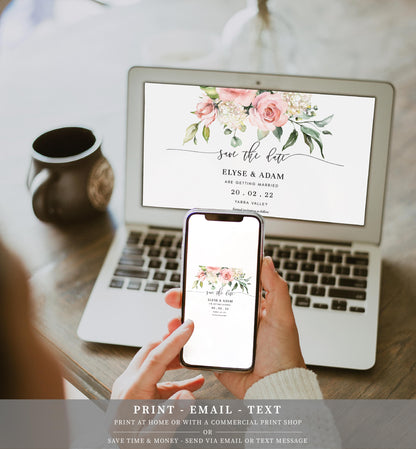 Darcy Floral Pink | Printable Save The Date Template - Black Bow Studio