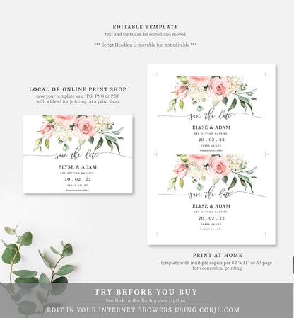 Darcy Floral Pink | Printable Save The Date Template - Black Bow Studio