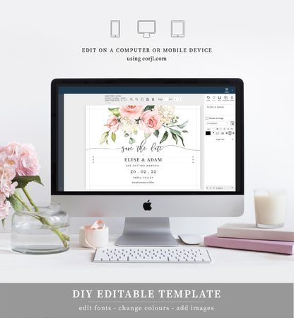 Darcy Floral Pink | Printable Save The Date Template - Black Bow Studio