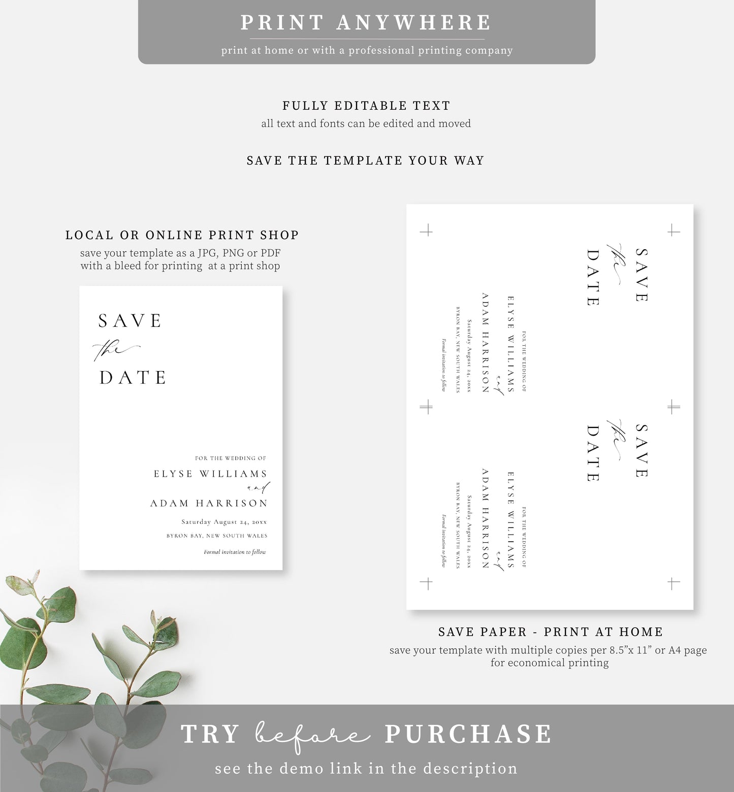 Ellesmere White | Printable Save The Date Template