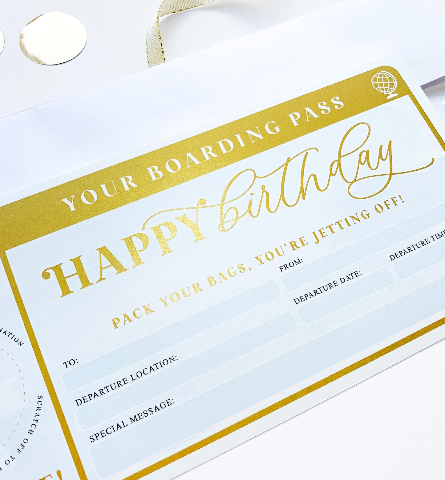 Watercolour Blue Gold | Scratch-off Birthday Boarding Pass