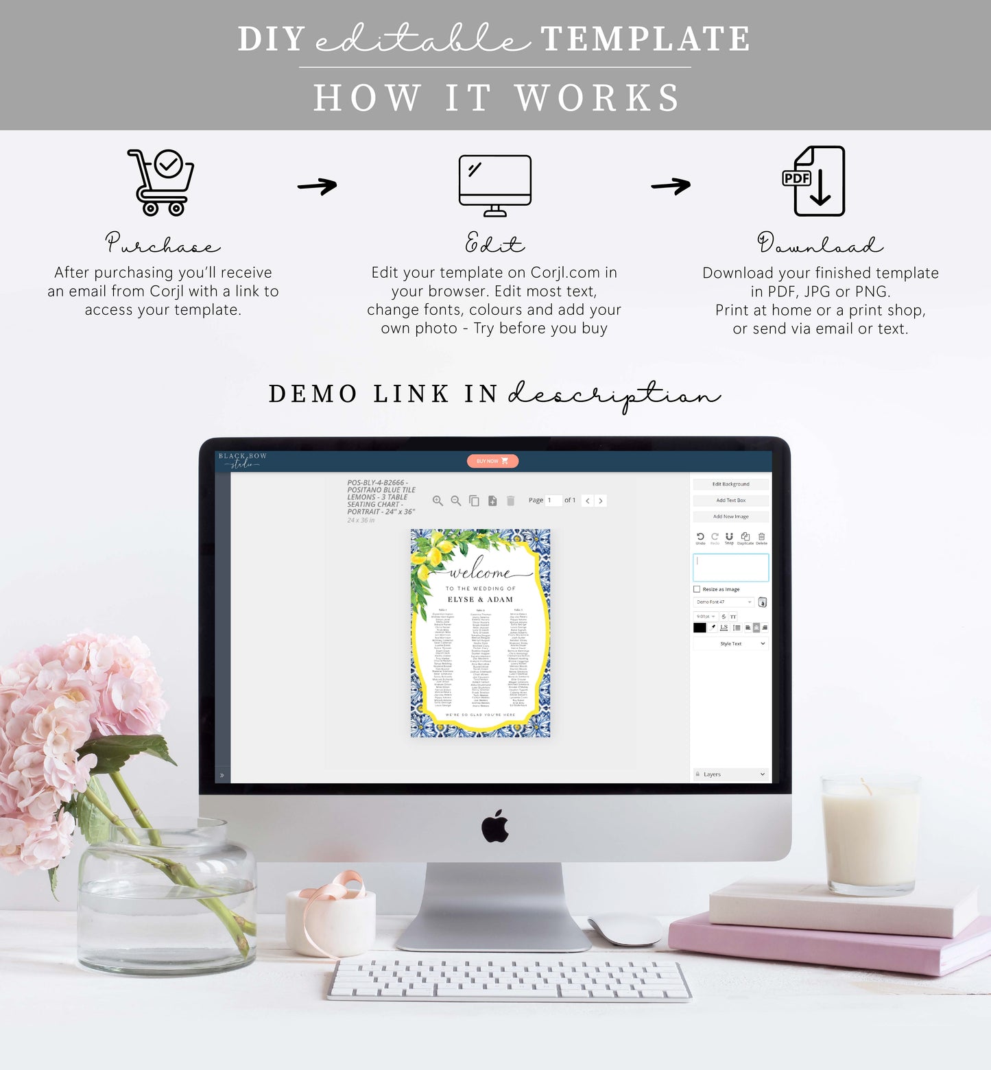 Positano Lemons | Printable 3 Banquet Tables Seating Chart Template