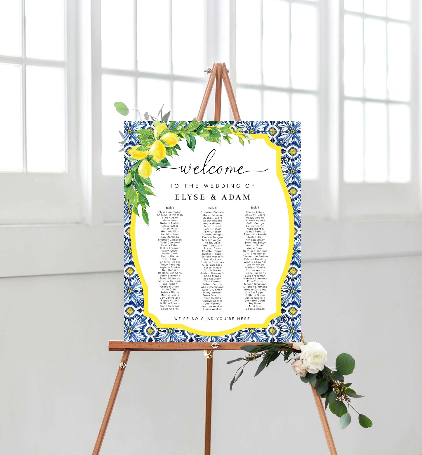 Positano Lemons | Printable 3 Banquet Tables Seating Chart Template