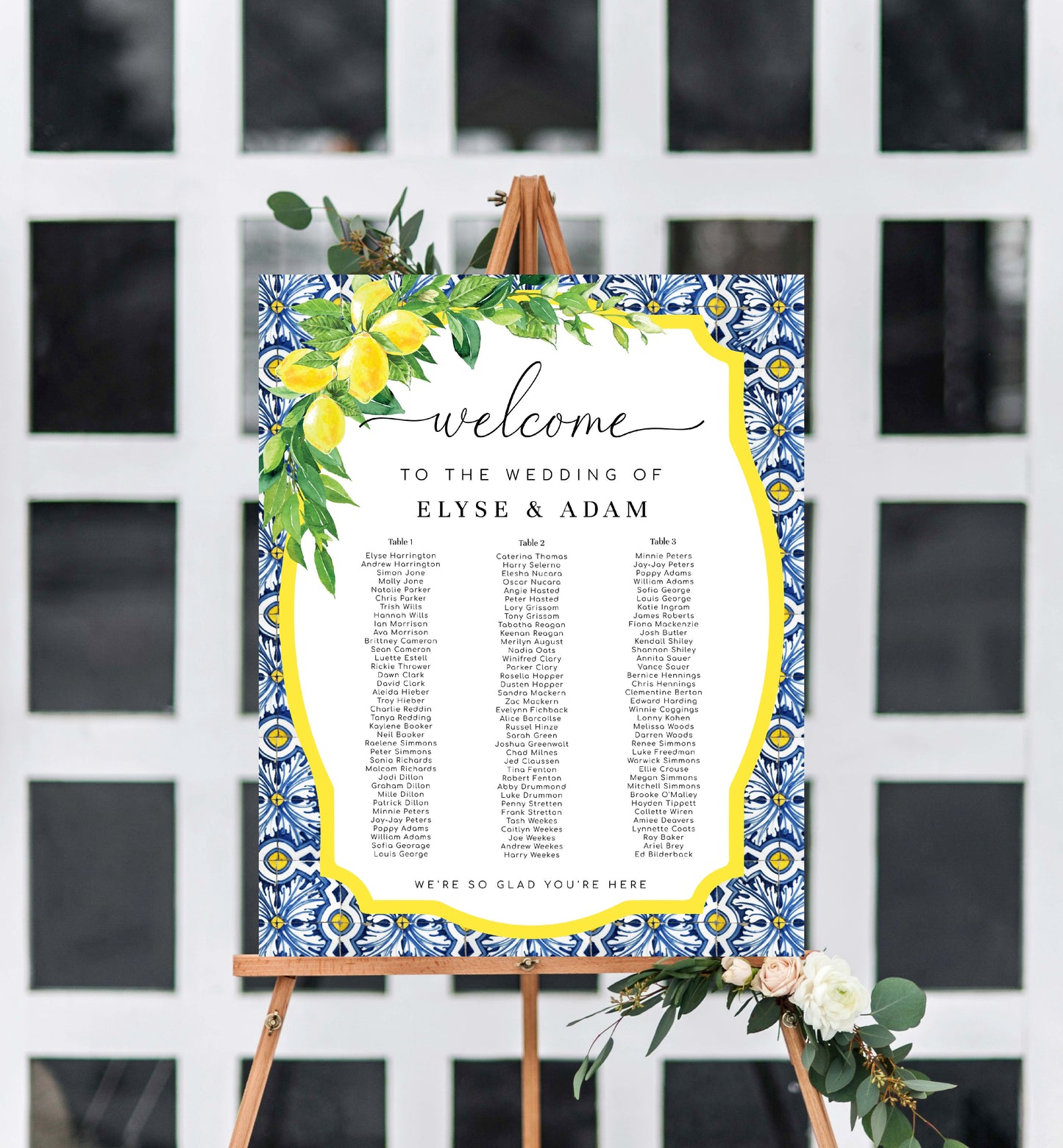 Positano Lemons | Printable 3 Banquet Tables Seating Chart Template