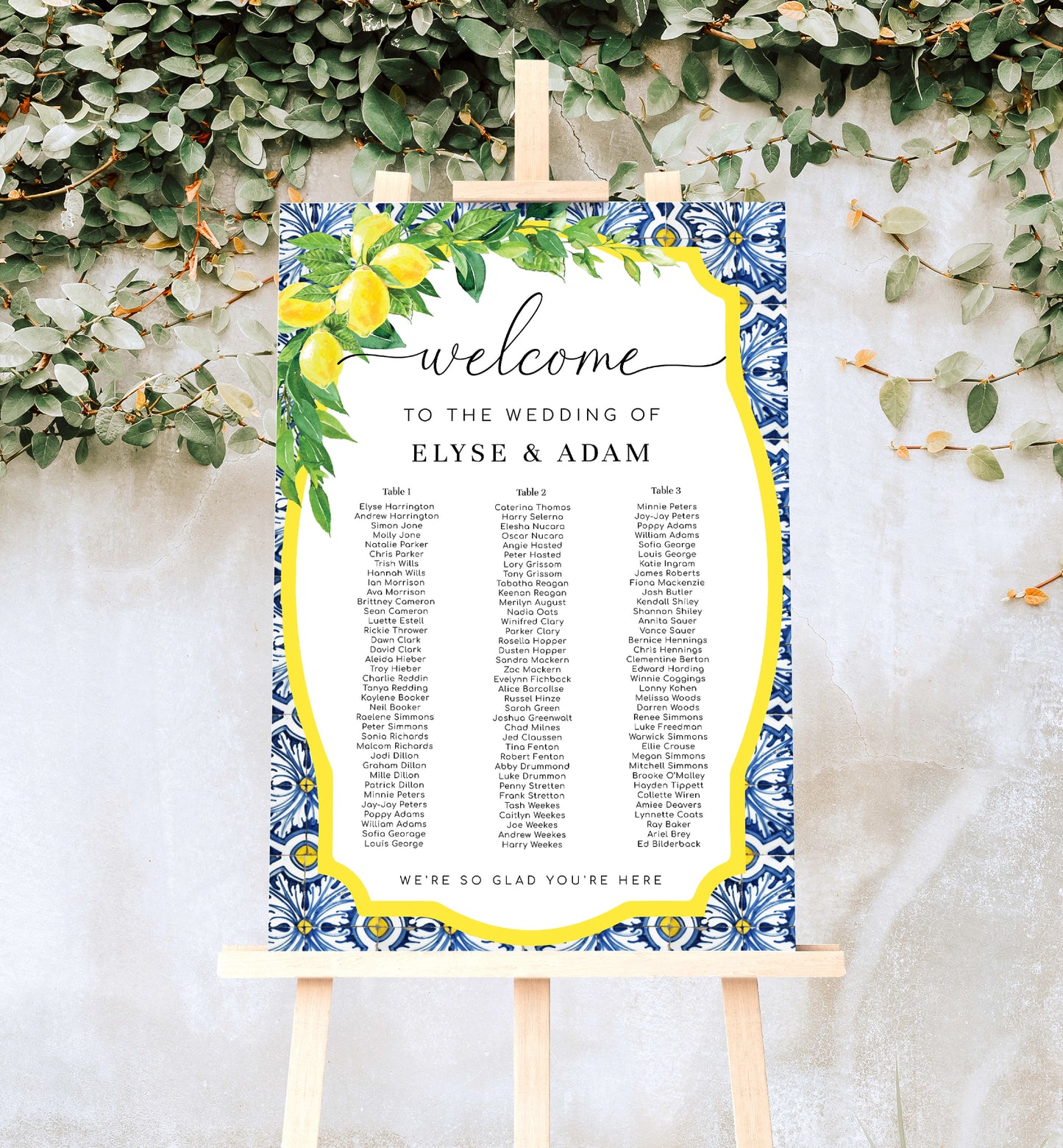 Positano Lemons | Printable 3 Banquet Tables Seating Chart Template