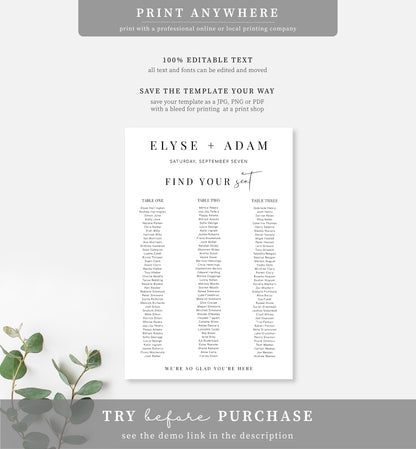 Estelle White | Printable Seating Chart - 3 Banquet Tables