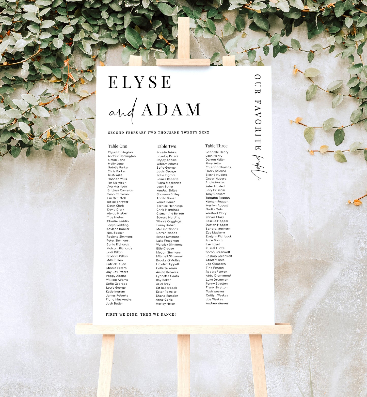 Estelle White | Printable Seating Chart - 3 Banquet Tables Template